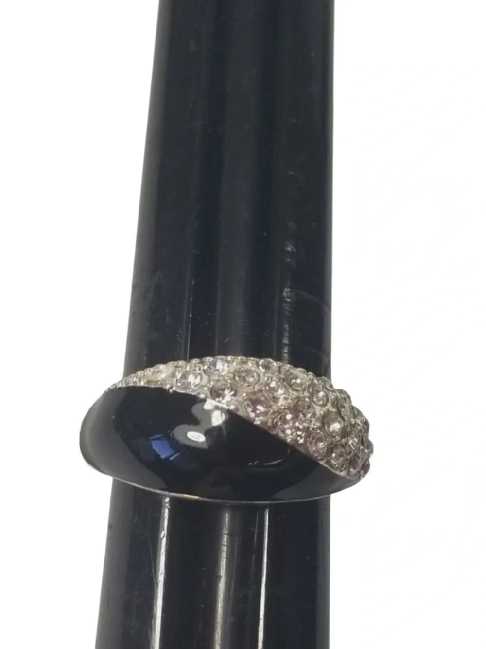 Vintage Avon NRT Black Enamel & Clear Rhinestone Pave' Ring Sz 8 Silver Tone